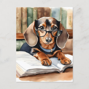  Bibliotheek Waterverf Dachshund Briefkaart