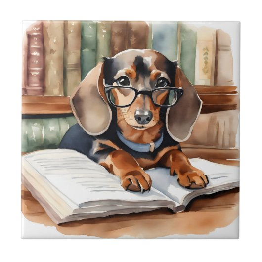 Bibliotheek Waterverf Dachshund Tegeltje (Voorkant)