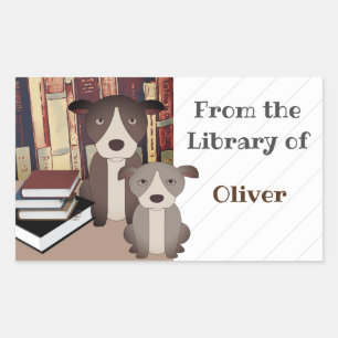 BIBLIOTHEEKHOND.  BOEKEN.  SCHATTIGE HONDEN. NAAM  RECHTHOEKIGE STICKER