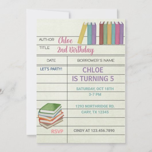 Bibliotheekkaart, uitnodiging voor meisjes op de v (Voorkant)