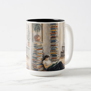 Bibliotheekkunst boekenkast lezersondergeschen tweekleurige koffiemok