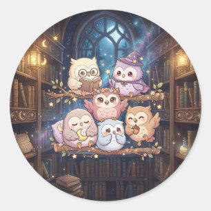Bibliotheeksticker met Cute Uil Ronde Sticker