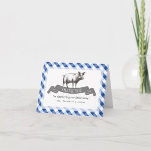 Bibs & Ribs BBQ Rustic Navy Gingham Baby Shower Bedankkaart