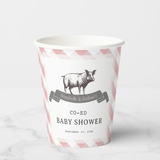 Bibs & Ribs BBQ Rustiek Roze Gingham Baby shower Papieren Bekers (Voorkant)