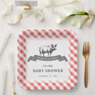 Bibs & Ribs BBQ Rustieke Rode Geruite Baby Shower Papieren Bordje