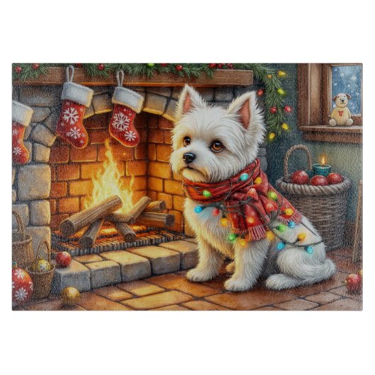 Bichon Frise Fireplace with Christmas Lights Snijplank (Voorkant)