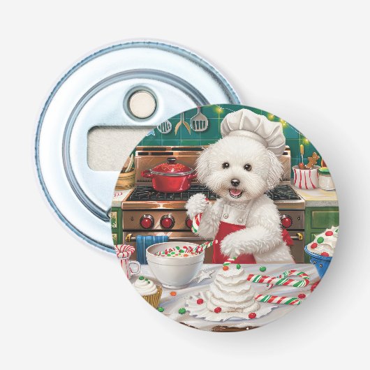 Bichon Frise Holiday Baking: Feestelijke Kerst Button Flesopener (Voorkant)