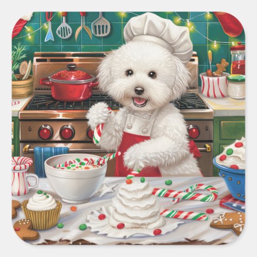 Bichon Frise Holiday Baking: Feestelijke Kerst Vierkante Sticker (Voorkant)