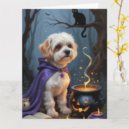 Bichon Frise Hond grillig Halloween schilderij Kaart (Gele Bloem)