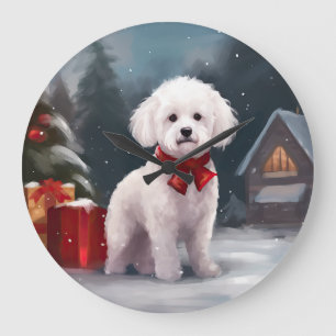 Bichon Frise-hond in de sneeuw met Kerstmis Grote Klok