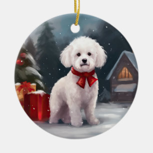 Bichon Frise-hond in de sneeuw met Kerstmis Keramisch Ornament