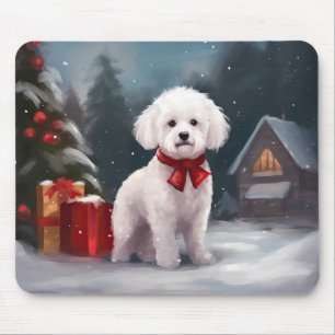 Bichon Frise-hond in de sneeuw met Kerstmis Muismat