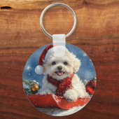 Bichon Frise Hond in Sledge Laat het Sneeuw Kerstm Sleutelhanger (Achterkant)