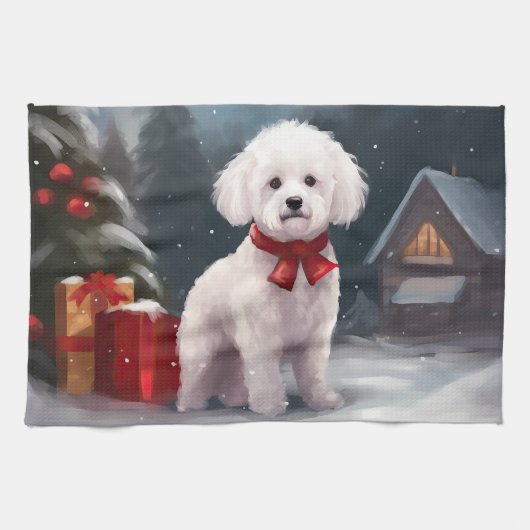 Bichon Frise Hond in Sneeuw Kerstmis Theedoek (Horizontaal)