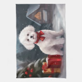 Bichon Frise Hond in Sneeuw Kerstmis Theedoek (Verticaal)