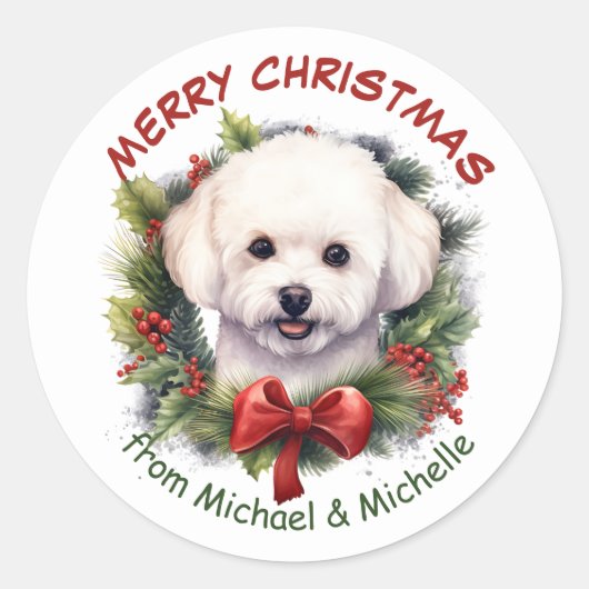 Bichon Frise Hond Kerstmis Rode Bow krans Ronde Sticker (Voorkant)