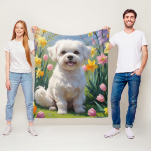 Bichon Frise Hond Lente Bloemen Schilderij Fleece Deken