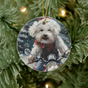 Bichon Frise Hond Rijden Motorfiets Kerstmis Keramisch Ornament