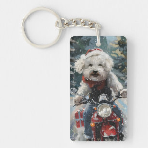 Bichon Frise Hond Rijden Motorfiets Kerstmis Sleutelhanger