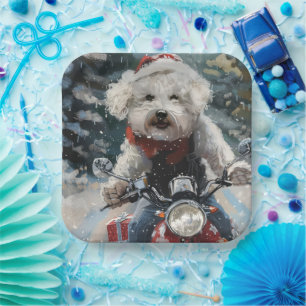 Bichon Frise-hond rijdt op motorfiets met Kerstmis Papieren Bordje