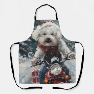 Bichon Frise-hond rijdt op motorfiets met Kerstmis Schort