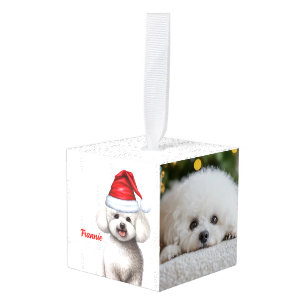 Bichon Frise Hond Twee Foto Kerstvakantie Kubus Ornament