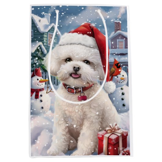 Bichon Frise Hond Winter Wonderland Kerstvreugde Medium Cadeauzakje (Voorkant)