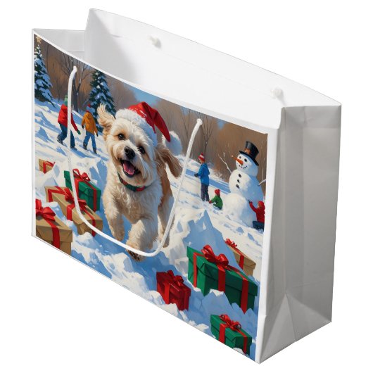 Bichon Frise Kerst Feestelijke Sneeuwscène Groot Cadeauzakje (Voorkant Gekanteld)