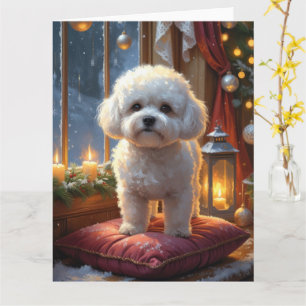 Bichon Frise met kerstverlichting Vakantie Kaart