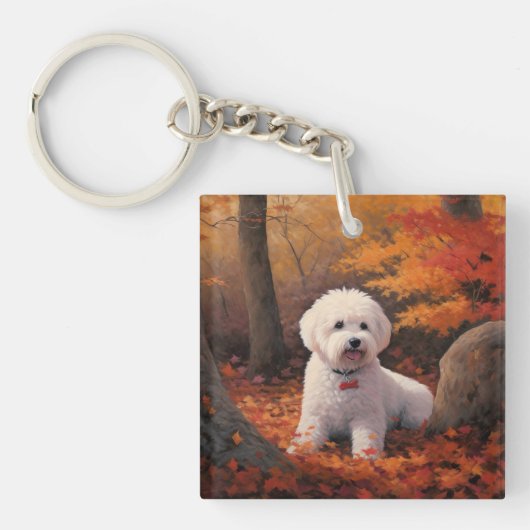 Bichon Frise n Autumn Leaves Herfst Inspire Sleutelhanger (Voorkant)