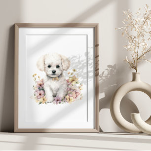 Bichon Frise Puppy Pet Waterverf Flower Poster