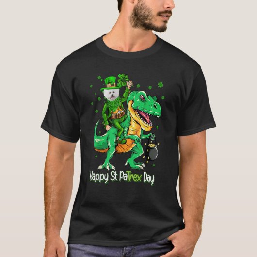 Bichon Frise Riding Dinosaur Patricks Day Shamrock T-shirt (Voorkant)