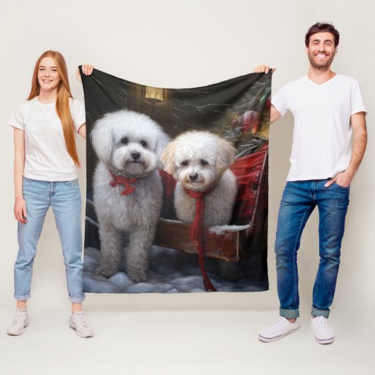 Bichon Frise Snowy Sleigh Kerst Decor Fleece Deken (In situ)