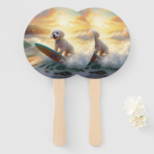 Bichon Frise Strand Surfen Schilderij Handwaaier (Voorkant en achterkant)