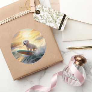 Bichon Frise Strand Surfen Schilderij Ronde Sticker