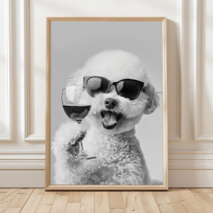 Bichon Frise wijn vasthoudend muurkunst, zwart en Poster