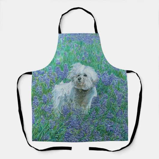 Bichon tussen blauwe lupinen schort (Voorkant)