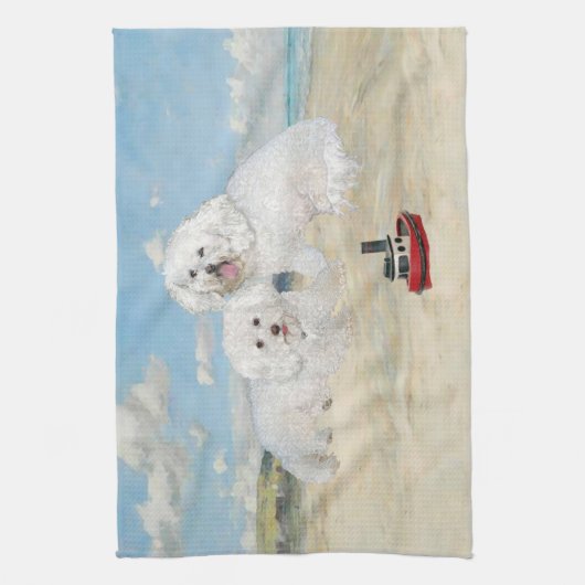 Bichons aan de strand theedoek (Verticaal)