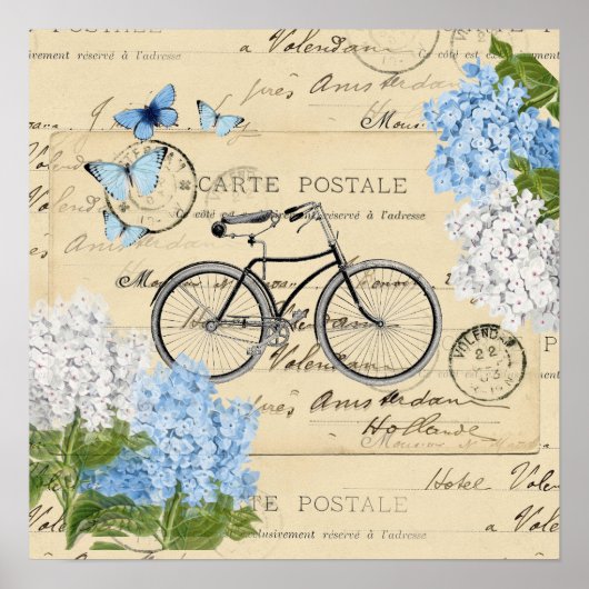  Bicycle Blue Hydrangeas Paris Art Poster (Voorkant)
