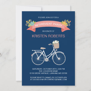 Bicycle Navy Blue Floral Ribbon Retirement Party Kaart