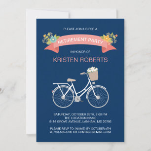 Bicycle Navy Blue Floral Ribbon Retirement Party Kaart