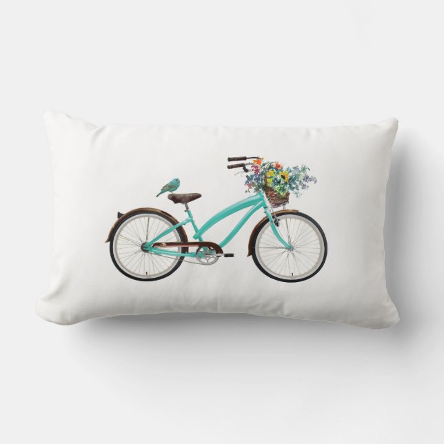 Bicycle With Bird and Flower Basket Turquoise Blue Kussen (Voorkant)