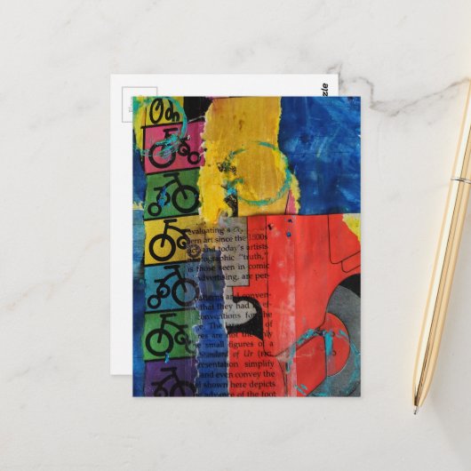 Bicycles and Trucks mixed media collage Briefkaart (Voorkant / Achterkant in situ)