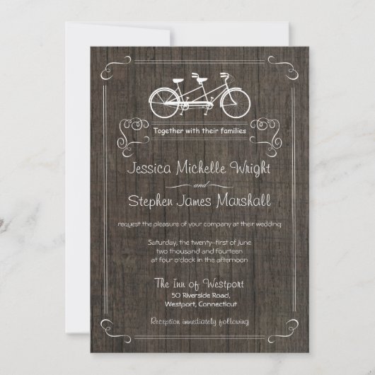 Bicyclette pour deux invitations en bois rustiques (Devant)