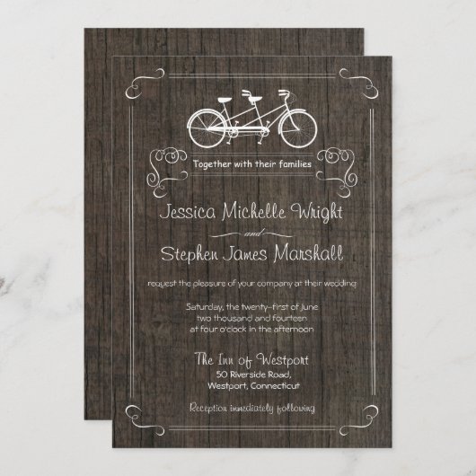 Bicyclette pour deux invitations en bois rustiques (Devant / Derrière)