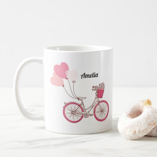Bicyclette rose et ballons cardiaques Mug personna (Avec donut)
