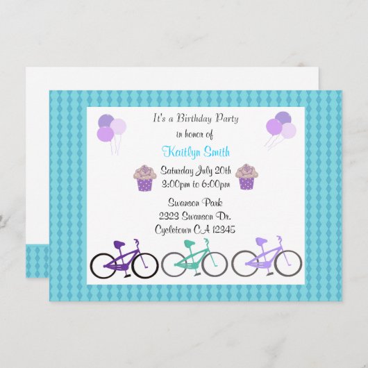 Bicyclettes mignonnes Invitation de fête d'anniver (Devant / Derrière)