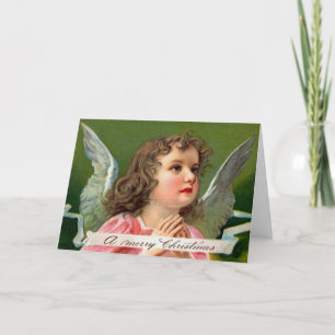 Bidden Engel met Kerstmis Banner Feestdagen Kaart