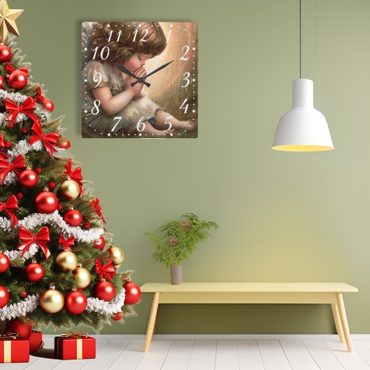 Biddend Meisje Engel Stralend Licht Halo Vierkante Klok