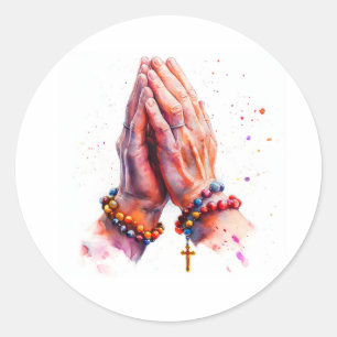 Biddende handen met rozenkrans kruis katholiek rel ronde sticker